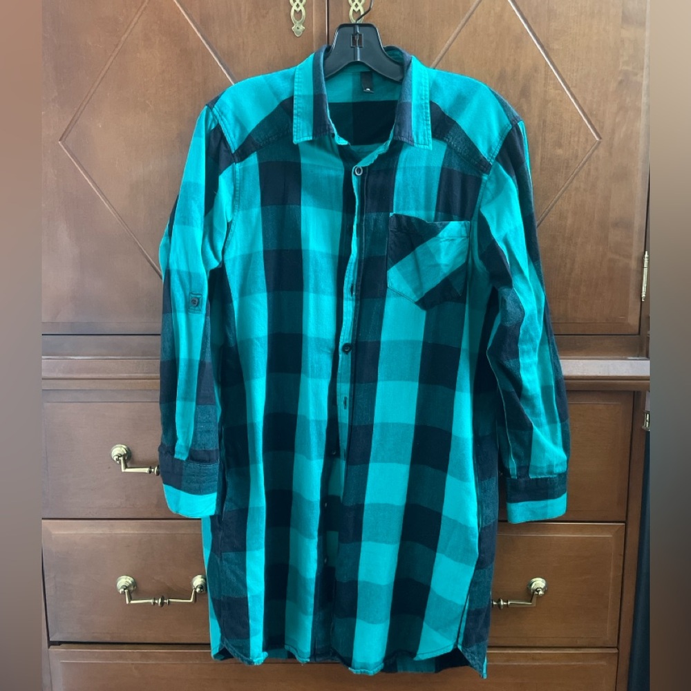 Teal and Black Plaid Button-Up Dress